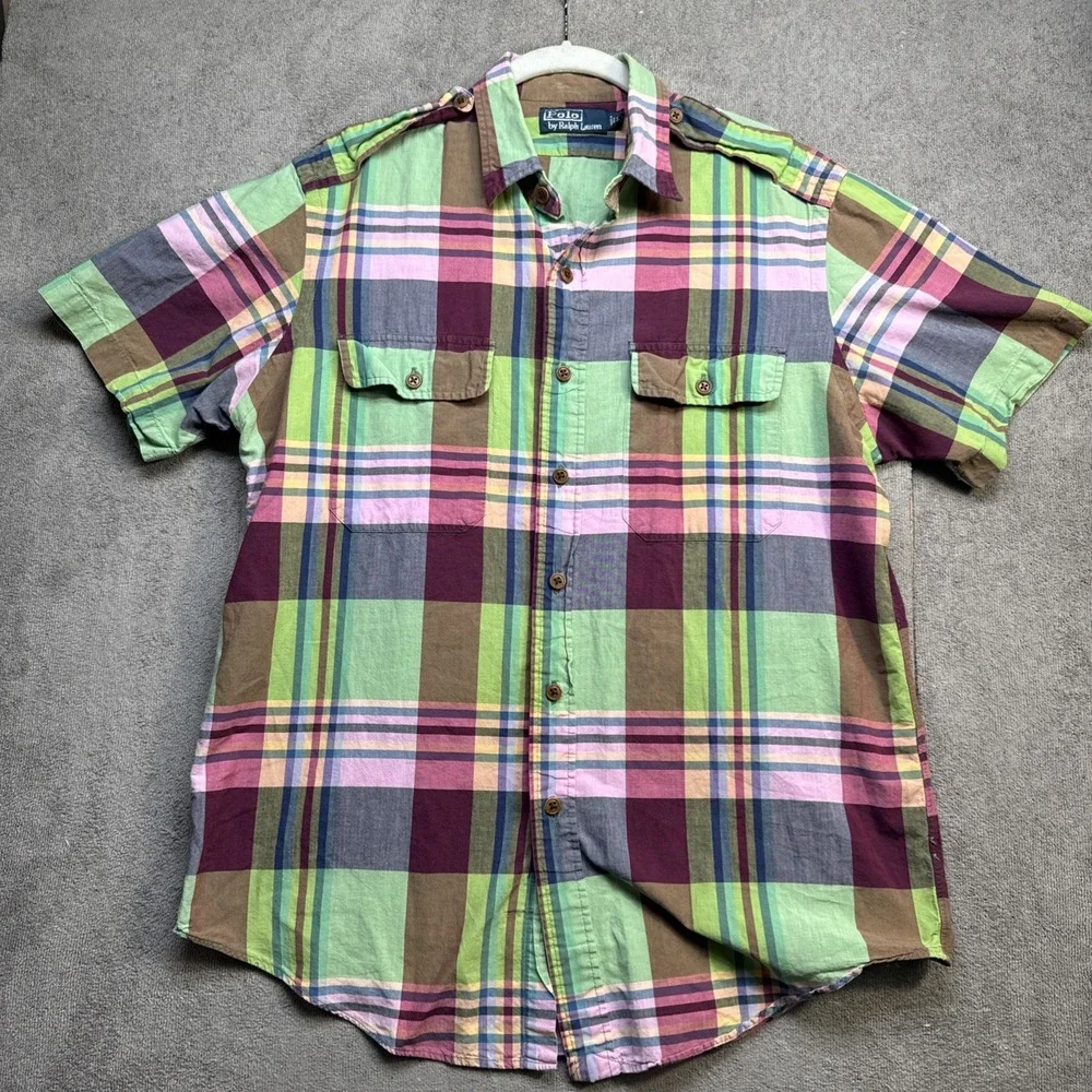 Polo Ralph Lauren Men's Plaid Short‎ Sleeve Shirt Large Epaulet Ivy Preppy Style